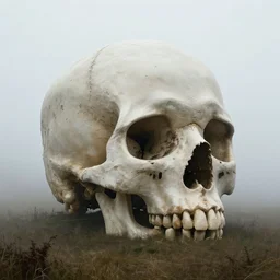 a building in the shape of a skull on a misty field painted by hr giger.