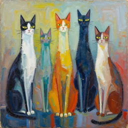 contemporary semi abstract acrylic painting of really tall sitting cats by stanley donwood, by greg rutkowski, kessler art, thick brush strokes and visible paint layers, multicolor color scheme