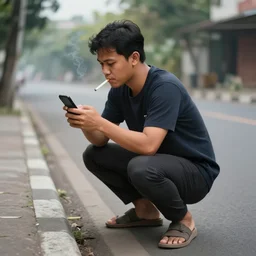 indonesian guy doing squat on the side of a road looking at his phone and smoking a cigarette, highly detailed, deep focus, elegant, digital painting, sharp focus, ultra realistic, 8 k, art by greg rutkowski