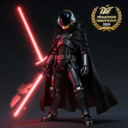 Daft Punk inpired robot character in a DnD universe, red greatlightsaber,space, black cloak, concept art, arstation, award winning art