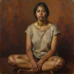 detailed full body portrait in strong femininity, ethnic, realistic face sculpted features, statuesque model, plain untucked shirt, seated, warm cast, bathed in light, filmic, chiaroscuro, specular highlights, angular impressionism, radiosity, deep rich tones, contemporary art, oil on canvas