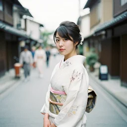 photograph of a beautiful Japanese woman in kimono in a street, the woman did not expect to be photographed, Ilford HP5 film