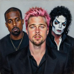 a portait of a human being that looks like a mix of kanye west, brad pitt, michael jackson, and the grim reapper, with pink hair and gold teeth in the style of oil on canvas,
