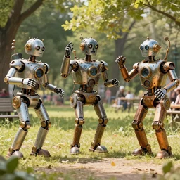 steampunk robots enjoying themselves at a park, sunny, beautiful, dynamic lighting, by otto dix and greg rutkowski