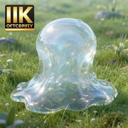 render of one huge fantasy transparent translucent water - slime in the meadow. fantasy, high details, masterpiece, cgsociety, octane render, 8 k, volumetric lighting, photorealism, translucent raytracing, artstation contest winner, art by beeple