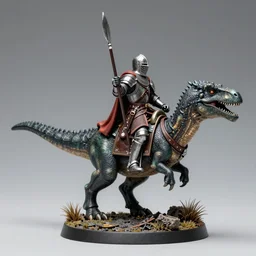 D&D, high detail, miniature of medieval knight riding a dinosaur, heavy cavalry, Asgard rising, MyMiniFactory, 28mm scale