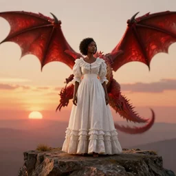 a black woman standing in the end of a cliff with a long frilly white victorian dress, and a red dragon behind her, sunset sky, craig mullins, octane render, 8 k