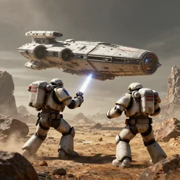 Two space marines fighting an spaceship on a dead world full of rocks, award winning, trending on artstation, unreal engine