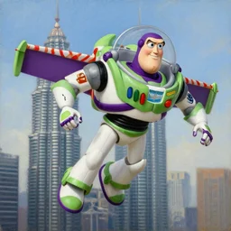 buzz lightyear flying around the twin towers, oil on canvas by william sidney mount, octane render