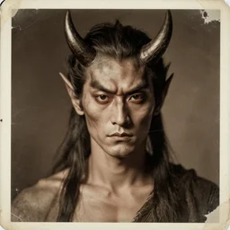 portrait of beautiful male demon, old vintage photography, damaged photo, film artifacts, scratches, tears, hyperrealistic, ultra detailed, 4 k