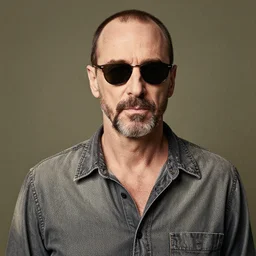 portrait Steve Buscemi with sunglass,shaved beard,vintage shirt