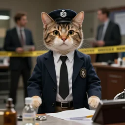 film still of a genetically modified anthropomorphic humanoid cat detective at a crime scene. directed by david fincher.