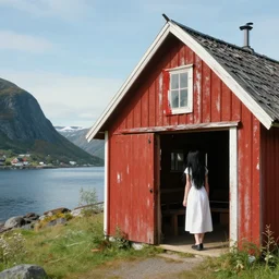 simon stalenhag. composition : long shot. style : digital art ; mysterious ; 4 k. scenery : a sunny fjord with a lone gabled roof red barn. subject : a young woman with long black hair wearing a white dress. action : the woman is hiding inside the barn.