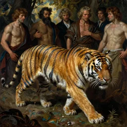 turbulent tiger with gold and blue stripes in the style of wayne barlowe, gustav moreau, goward, bussiere, roberto ferri, santiago caruso, luis ricardo falero, austin osman spare