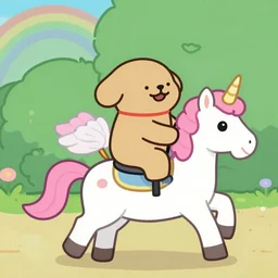 a dog riding a unicorn, happy, pixar animation