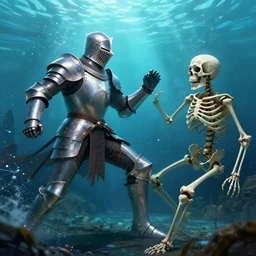 an armored knight!!, fighting a skeleton!!!!!, underwater!!!, dynamic lighting, caustics, 4 k, trending on artstation