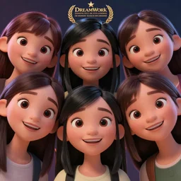 a painting of cute Asian girls smiling, in the style of DreamWorks animation, low angle view, 16mm lens, award winning, hyper detailed, dramatic lighting, artstation, octane renderer, unreal engine