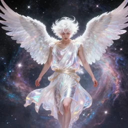 harmony of twirly white haired angel yoongi wearing sparkly shiny greek clothes, muted colors, nebula background, neon sparkles everywhere, big wings, dynamic hair movement, + + + + dynamic pose, holographic space, glowing effect, j. c leyendecker, by alan lee, wlop! illustrated by starember, fantasy art by craig mullins