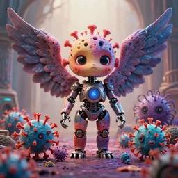 Cute Coronavirus Creatures!, Infernal Nymph!!!, The Graveyard, cinematic, hyper realism, high detail, octane render, unreal engine, 8k, vibrant color, Mechanical Angel, porous skin, Integrating with Technology!!, by dom qwek and andrea chiampo
