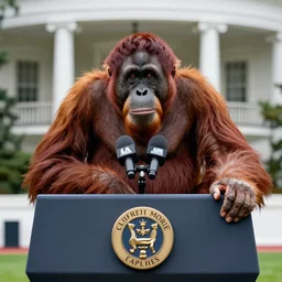 an orangutan in the white house giving a press conference, high quality image