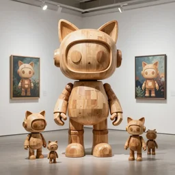 8k octan advertising photo, a totally wooden sculpture collection art toys on feet, very cute robot zen with cat ears, cyberpunk a contemporary art gallery works of art by dent Wu
