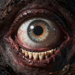 giant eye with mouth full of teeth, realism, horror