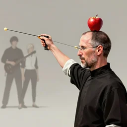 william tell, shooting at an apple on steve jobs head, cyberpunk art by tom bagshaw, yumihiko amano, jesper ejsing, by wlop, makoto shinkai and lois van baarle, ilya kuvshinov, cgsociety, figurative art, toonami, zbrush, official art