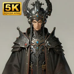 a portrait of a futuristic scifi technopriest, long robes, highly advanced technology, elaborate headdress, matte illustration by yoshitaka amano, cover art, trending on artstation, 8 k, sharp focus