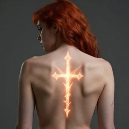 sigil of the eternal curse as a glowing tattoo on the back of a red-headed woman 4K trending on ArtStation by Christophe Vacher