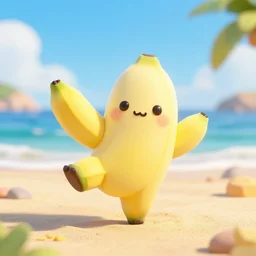 Dancing banana at the beach, 3d render, cute, chibi, shaded