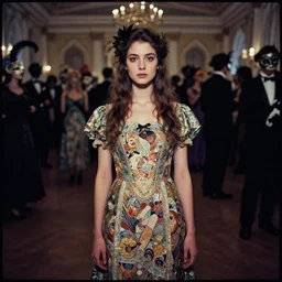 lomography, full body portrait photo of a young woman in crowded wide ballroom hall masquerade party, wearing an ornate dress by alphonse mucha andgustav klimt, yoshitaka amano, moody, realistic, dark, skin tinted a warm tone, light blue filter, hdr, cinematic, rounded eyes,, detailed facial features
