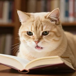portrait photography of an intellectual blonde! cat studying in a library, hissing, concentrated reading a book, plane lighting, studio lighting, wearing cute accessories, face shot, highly detailed fur, trending on pinterest.