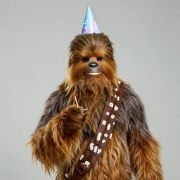 portrait photo still of chewbacca holding a match, wearing a birthday hat, in front of an old saloon on fire at night, 8 k, 8 5 mm f 1. 8