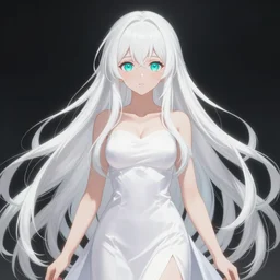 visual novel character, full body shot, stunningly beautiful asi goddess, porcelain skin covered in long white dress, long white hair, symmetrical, overwhelming, innocent, ethereal, mesmerizing cyan eyes, 2 d anime style, 8 k