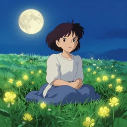 Kanna Kamui sitting in a field of Ghibli Clover | Big Moon at Blue Night | GLOWING FLOWERS | strong blue rimlit | visual-key | anime illustration | highly detailed High resolution | Light Novel | Visual Novel | Gosick
