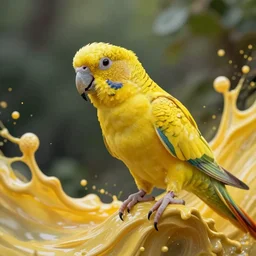 yellow parrot emerging from paint motion liquid, fluids flowing, intricate, yellow colors, nature background