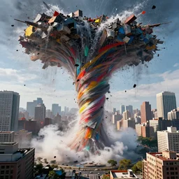 destructive water tornado in the city, photorealistic, highly detailed, sharp focus, vivid, colorful, symmetrical, zoom, random, convoluted, mind - blowing, creative, fully functional, end of the world, taken from camera