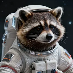 retrofuturistic raccoon astronaut in space, close up, quint buchholz, wlop, dan mumford, artgerm, liam brazier, peter mohrbacher, raw, featured on artstation, octane render, cinematic, intricate, 8 k