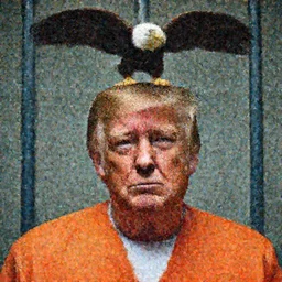 Close-up portrait of Donald Trump in jail wearing orange clothes with an American bald eagle on standing on his head, octane, dramatic lighting, editorial photo, 35mm, very detailed