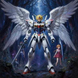a highly detailed painting of an angelic mecha posing in a dark mystical forest shrouded in nebula magic by android jones, paul lehr, darling in the franxx, trending on artstation, 4 k, 8 k, highly detailed, sharp, oil on canvas