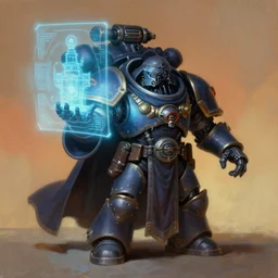 painting of small elemental golem as a cloaked tech priest projecting a hologram, adeptus mechanicus, cybernetic enhancements, zdzislaw beksinski, lewis jones, dariusz zawadzki, wayne barlow, warhammer 4 0 k, cold hue's, warm tone gradient background, concept art, digital painting