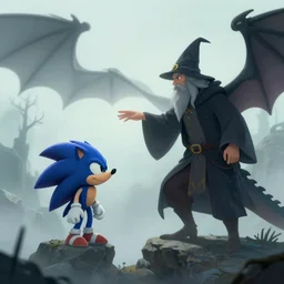 wizard reaching hand out to his dragon standing on the rock. Hedgehog in the Fog art style