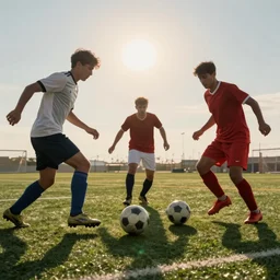 3 Football players play soccer with sun on the space soccer field, heroic, cinematic lighting