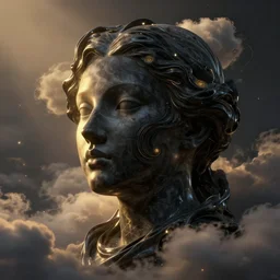 epicillustration, abstract sculpture of beautiful female face and black swirling liquifying acrylic portrait, fluffy clouds, glowing edges, golden hour, beautiful light, 3 d sculpture of carving marble, dark colors, dark mood, one point light, golden spirals, epic matte painting, concept art, digital painting