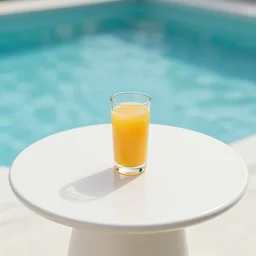 5 5 mm photo of glass of orangejuice on a zen minimalist round white table with gorgeous pool in the background. highly detailed 8 k. intricate. lifelike. soft light,