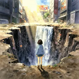 anime movie scene, mamoru oshii, otomo, ultra wide, vanishing point, hoody woman explorer, watercolor, chasm, collapse, sinkhole, spiderwebs, flowers, dripping, waterfall, billboards, sun beam, dusty volumetric light, back lit, paper texture, puddles, deserted shinjuku junk, brutalist, golden ratio composition, hues