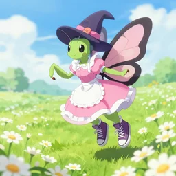female butterfly pokemon with black eyes and antennae like a mantis wearing a floe pink maid dress floating over a field of daisies wearing converse skater shoes and a witch hat, digital illustration by ruan jia on artstation