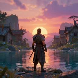 full length portrait of a male warrior exploring a mysterious abandoned village near a coastline, rendered in [ [ [ [ bryce 3 d ] ] ] ], ray - tracing, water ripples, sunset, vibrant color, mysterious atmosphere, depth of field, cinematic lighting, focused, rule of thirds, trending on artstation, art by greg rutkowski