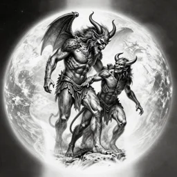 tattoo design sketch of arteus fighting demons and a faded background of orbital earth bombardment on the side, hyper - realistic, double exposure effect, in the style of greek myths, amazing detail, black and white, faded
