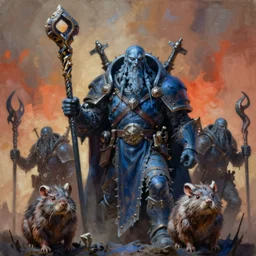 painting of great seer skaven holding a staff, vermintide, zdzislaw beksinski, lewis jones, dariusz zawadzki, wayne barlow, warhammer, great horned rat, cold hue's, warm tone gradient background, concept art